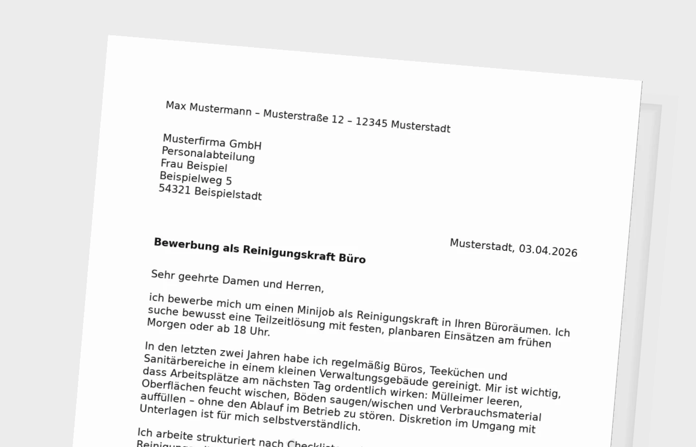 Anschreiben als Reinigungskraft im Büro (Minijob)
