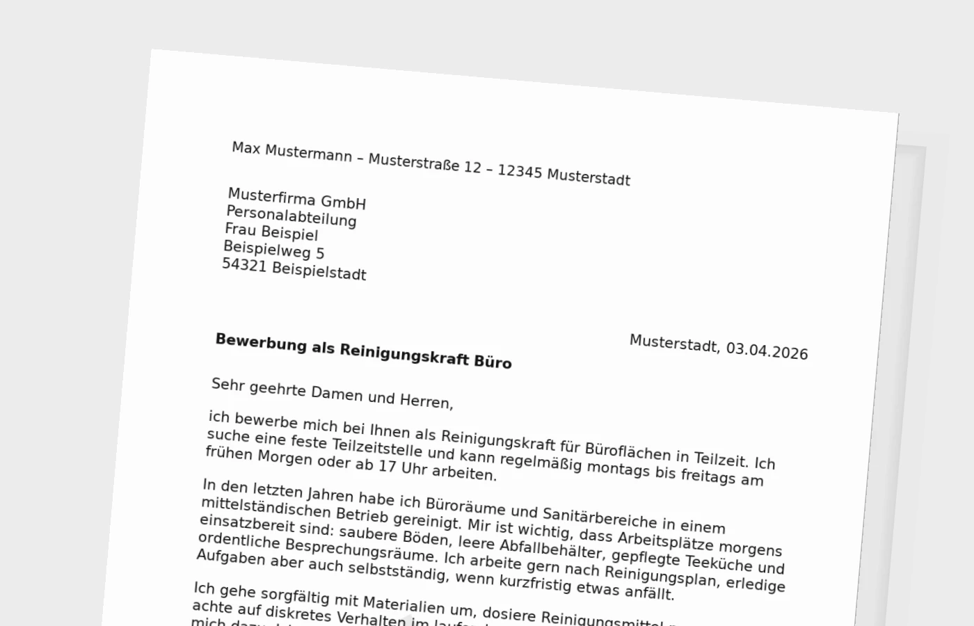 Bewerbungsanschreiben: Reinigungskraft im Büro (Teilzeit)