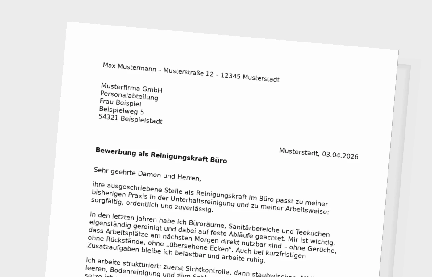 Anschreiben als Reinigungskraft im Büro (Standard)