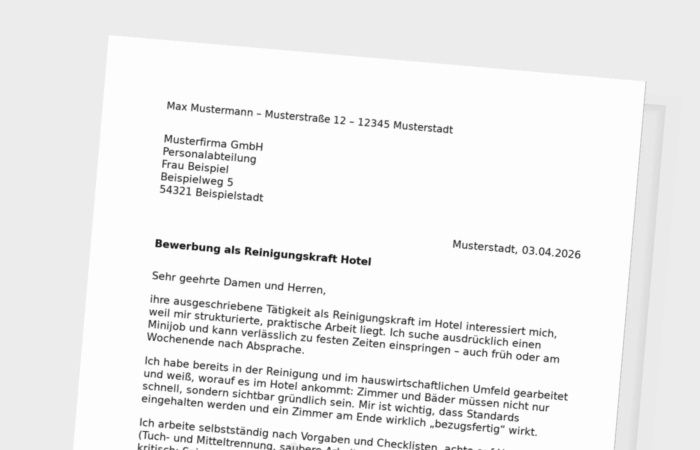 Anschreiben für Reinigungskraft im Hotel (Minijob)