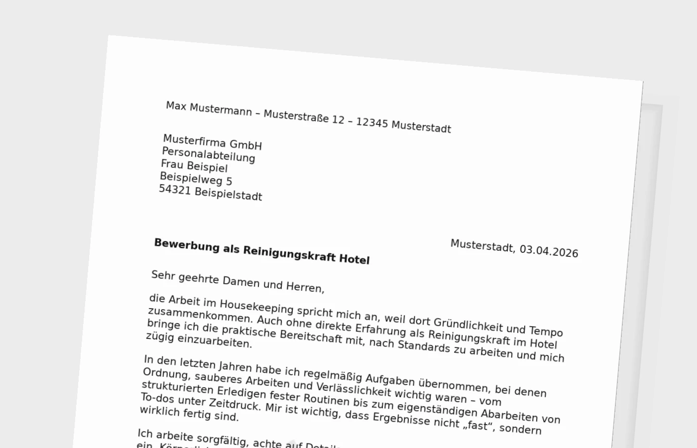 Anschreiben als Reinigungskraft im Hotel – ohne Erfahrung