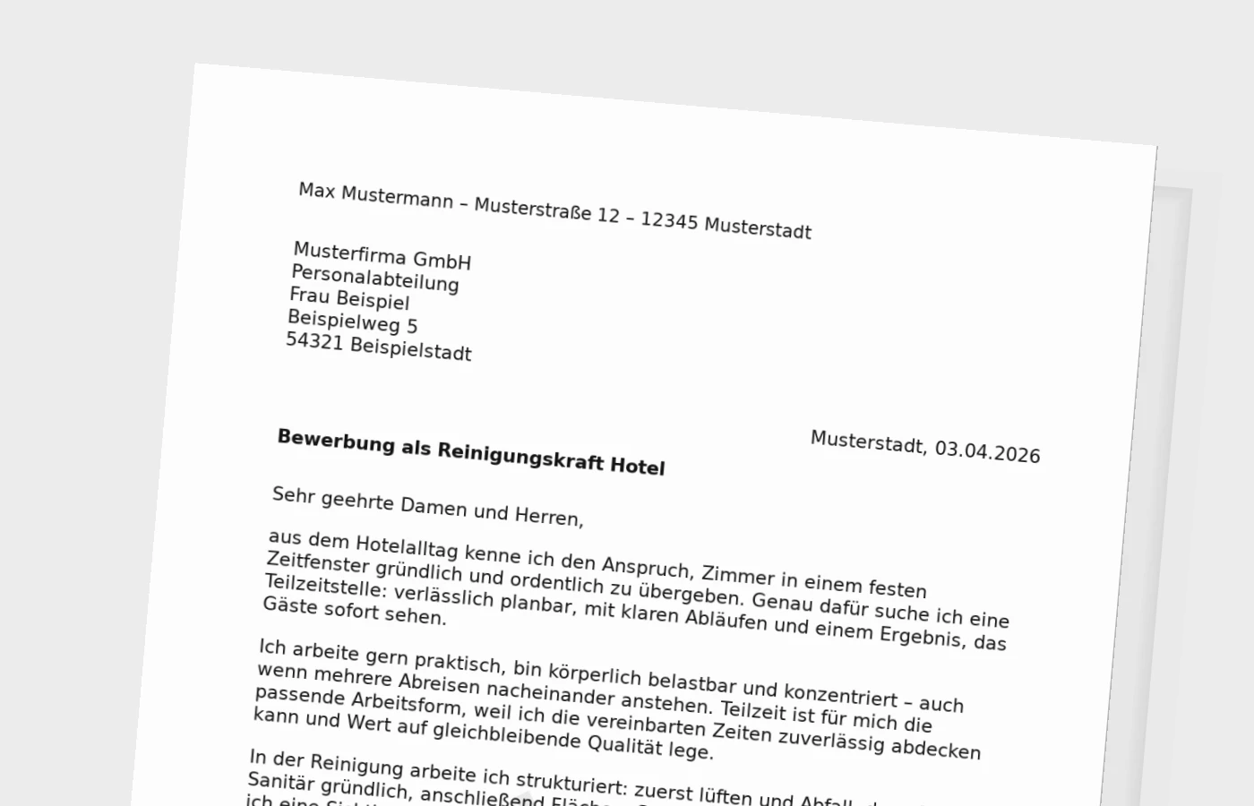 Vorschaubild zu Anschreiben als Reinigungskraft im Hotel (Teilzeit)