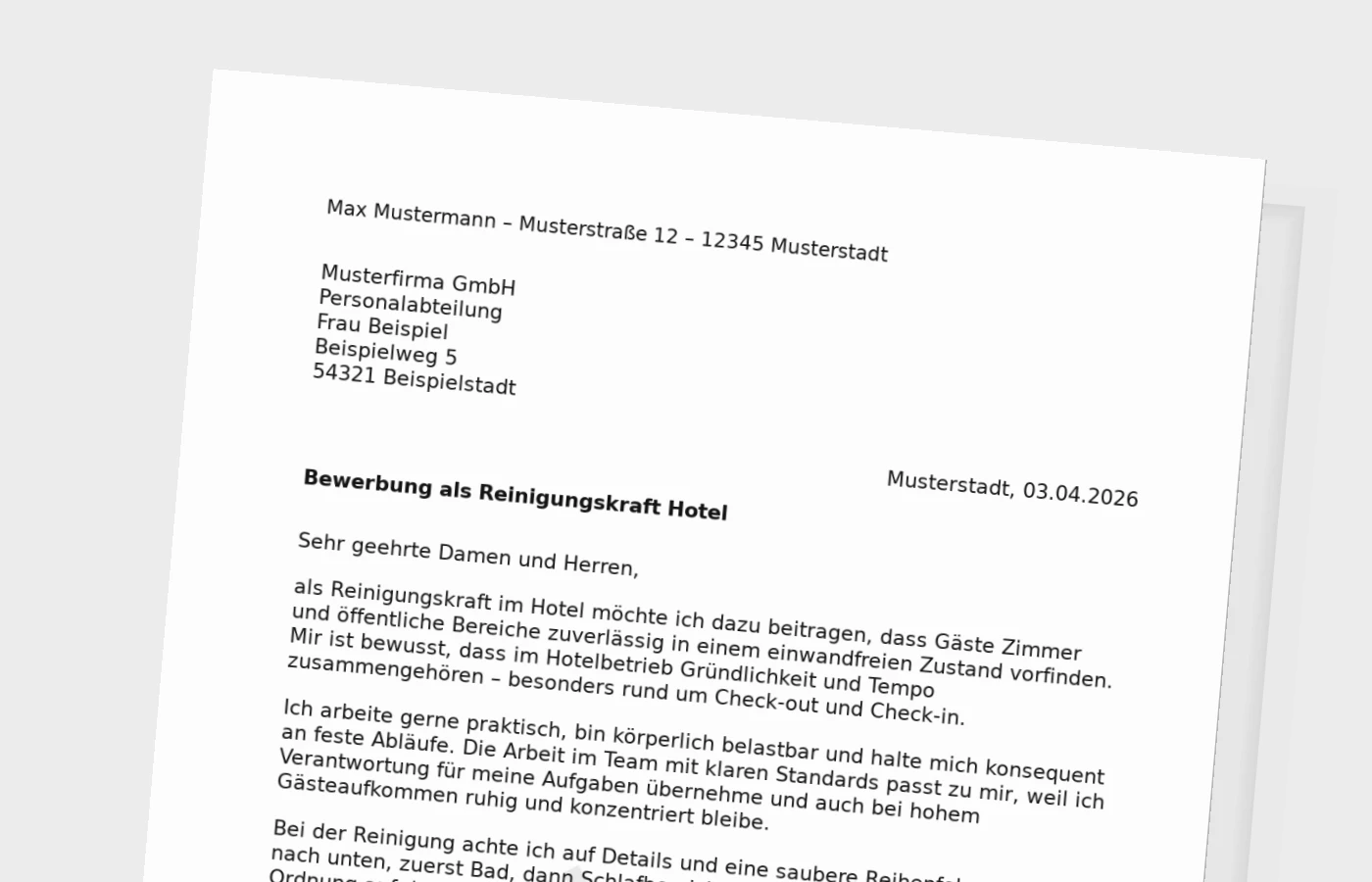 Vorschaubild zu Anschreiben als Reinigungskraft im Hotel (Standard)