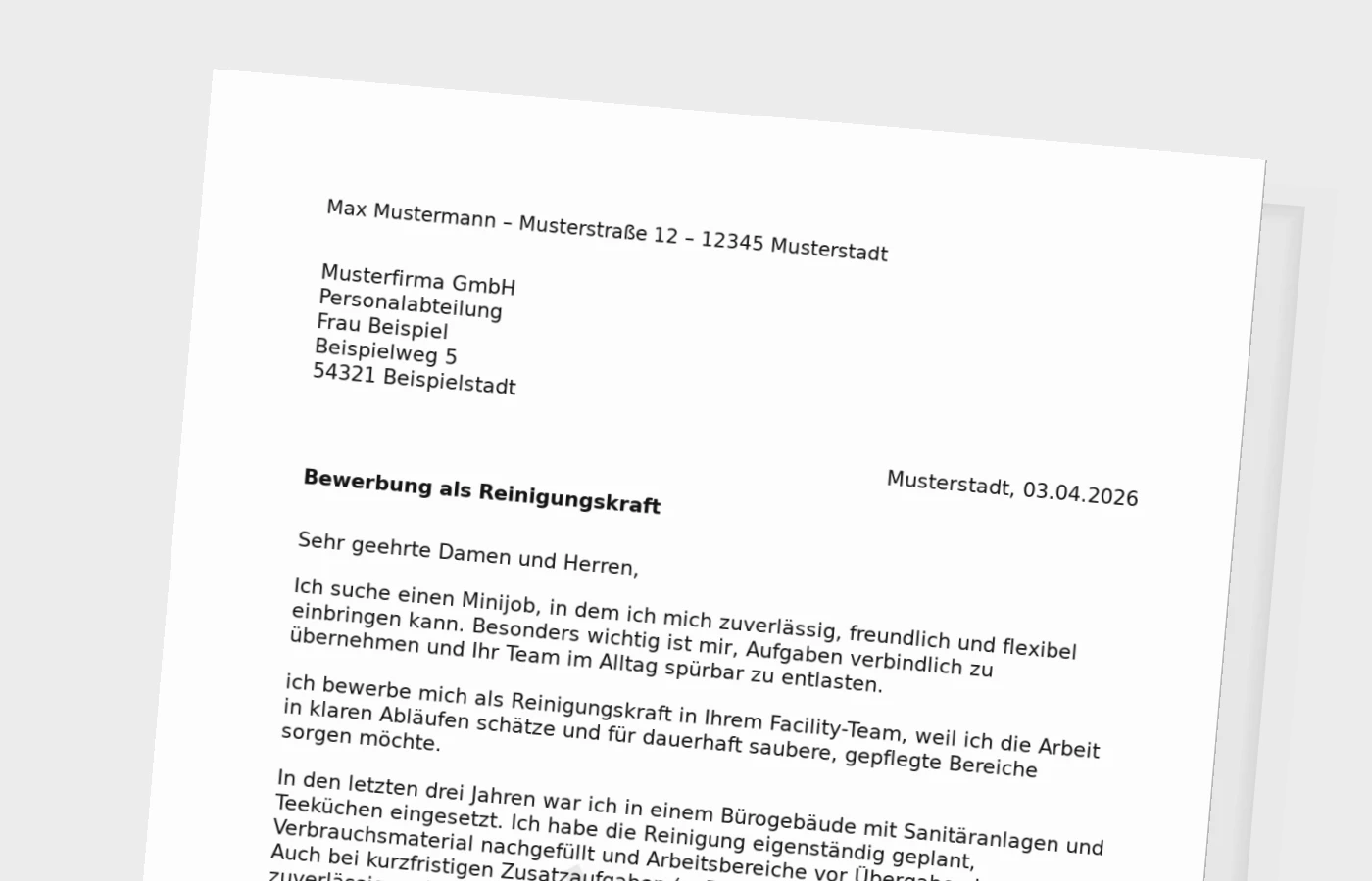 Bewerbungsanschreiben Reinigungskraft für Minijob