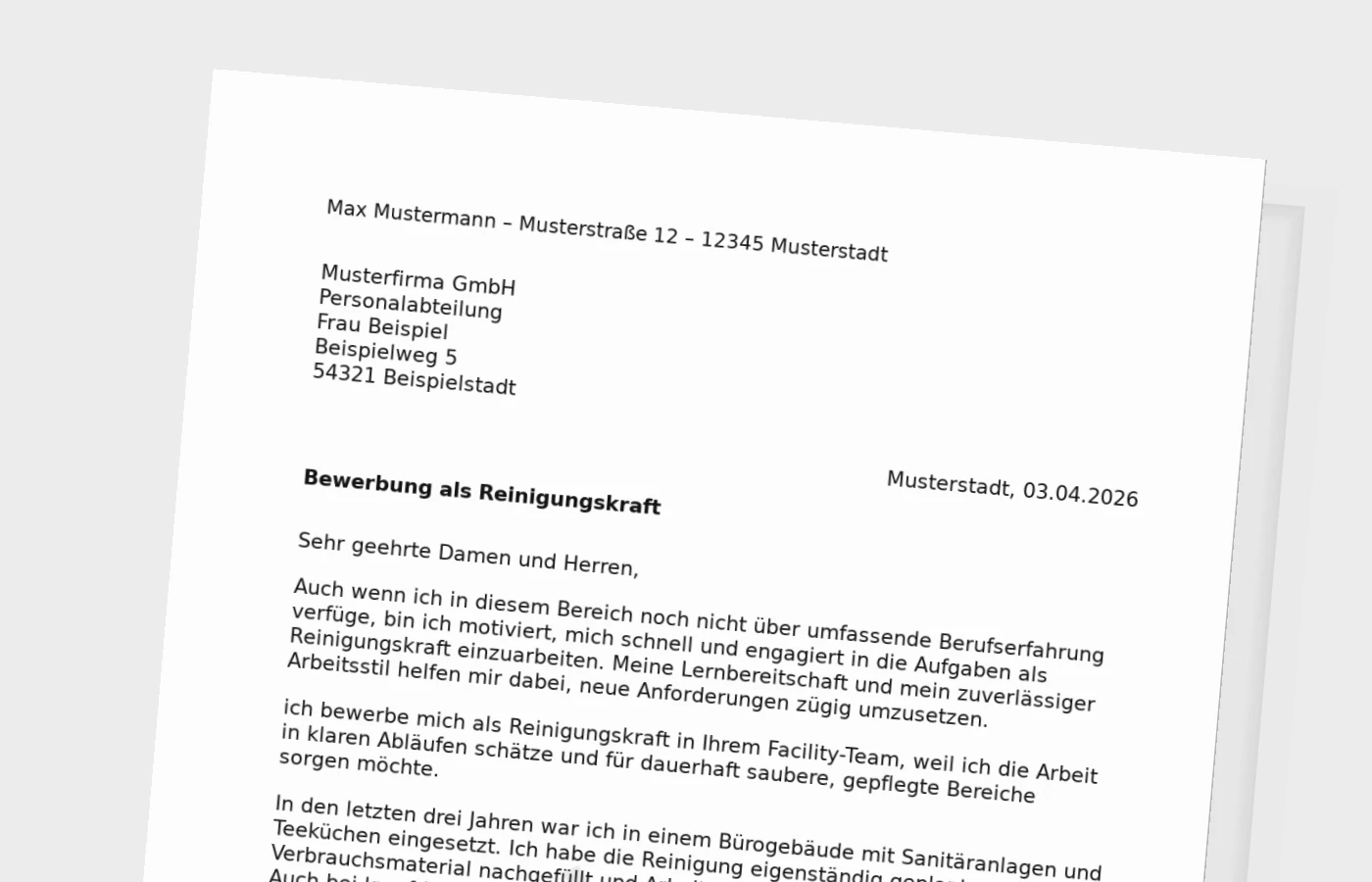 Bewerbungsanschreiben Reinigungskraft ohne Erfahrung