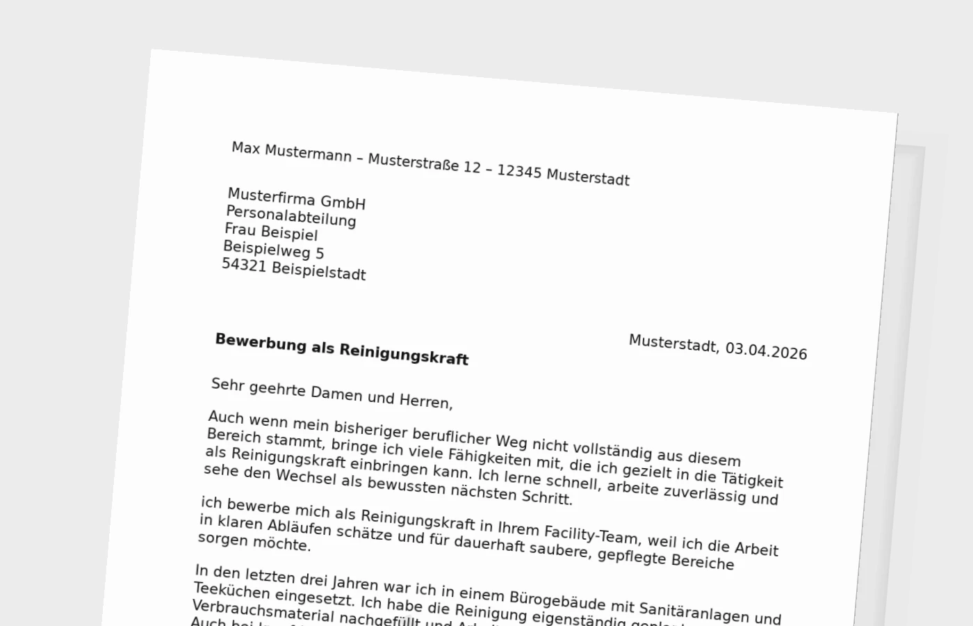 Bewerbungsanschreiben Reinigungskraft für Quereinsteiger