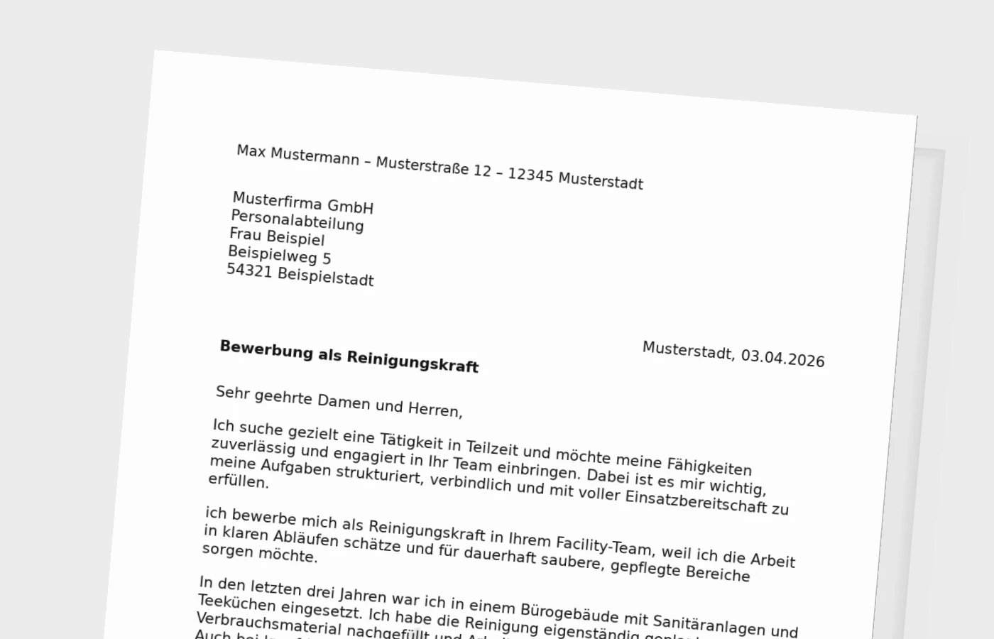 Bewerbungsanschreiben Reinigungskraft in Teilzeit