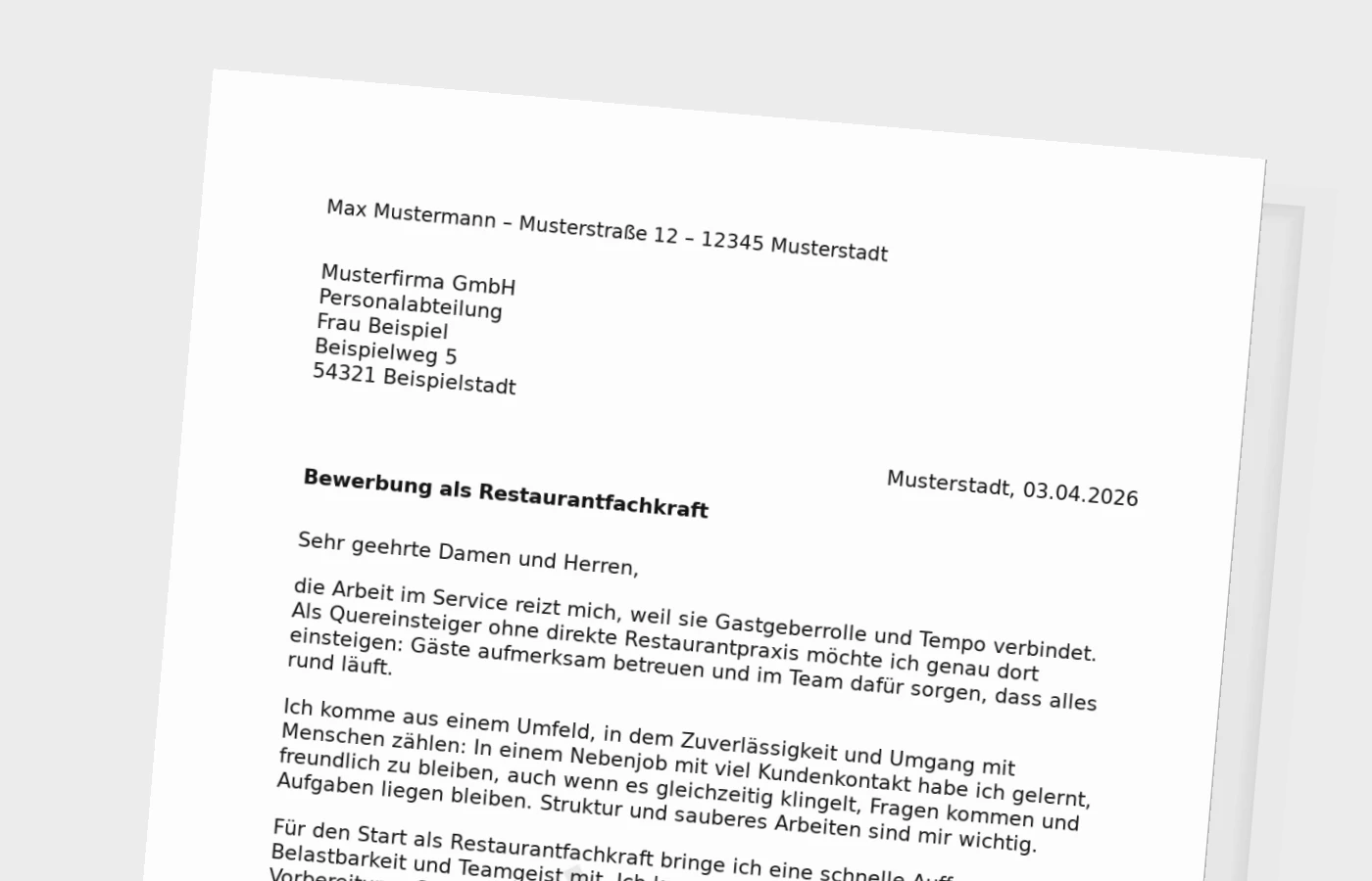 Vorschaubild zu Anschreiben als Restaurantfachkraft ohne Erfahrung