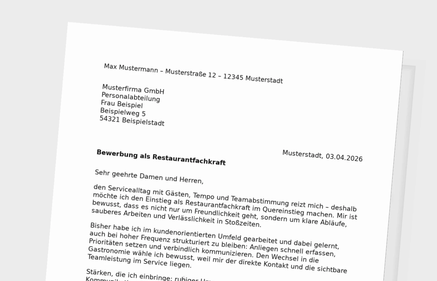 Vorschaubild zu Anschreiben als Restaurantfachkraft (Quereinsteiger)