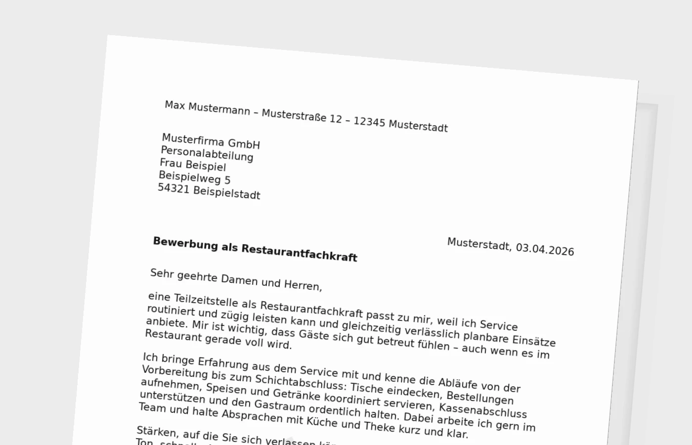 Vorschaubild zu Anschreiben als Restaurantfachkraft in Teilzeit