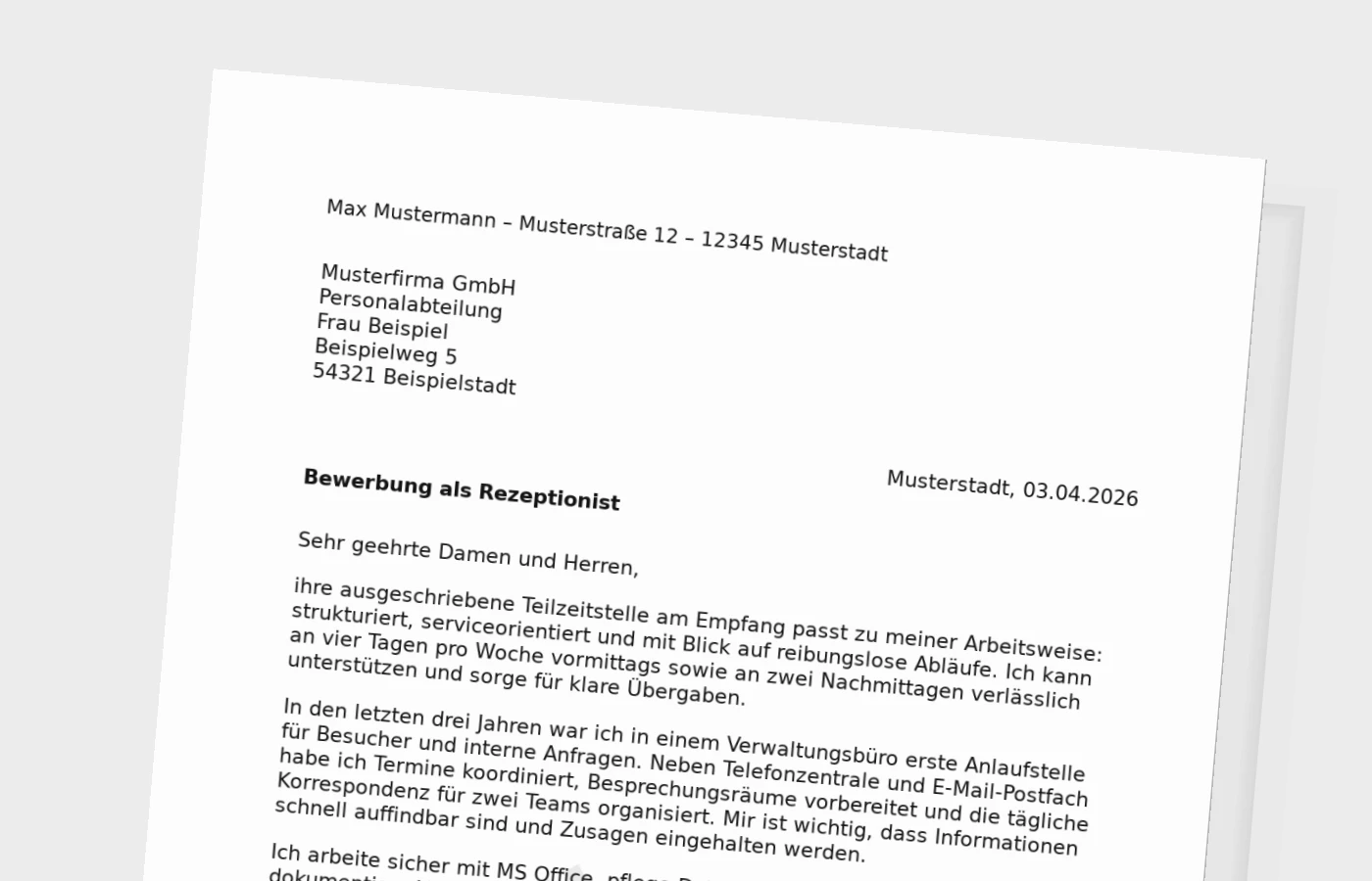 Bewerbungsanschreiben: Rezeptionist (Teilzeit)