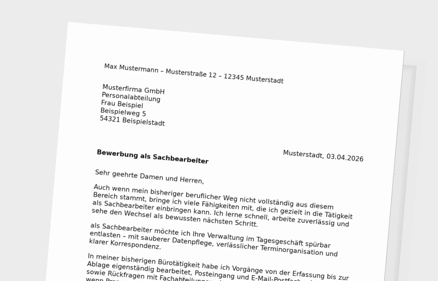 Bewerbungsanschreiben Sachbearbeiter für Quereinsteiger