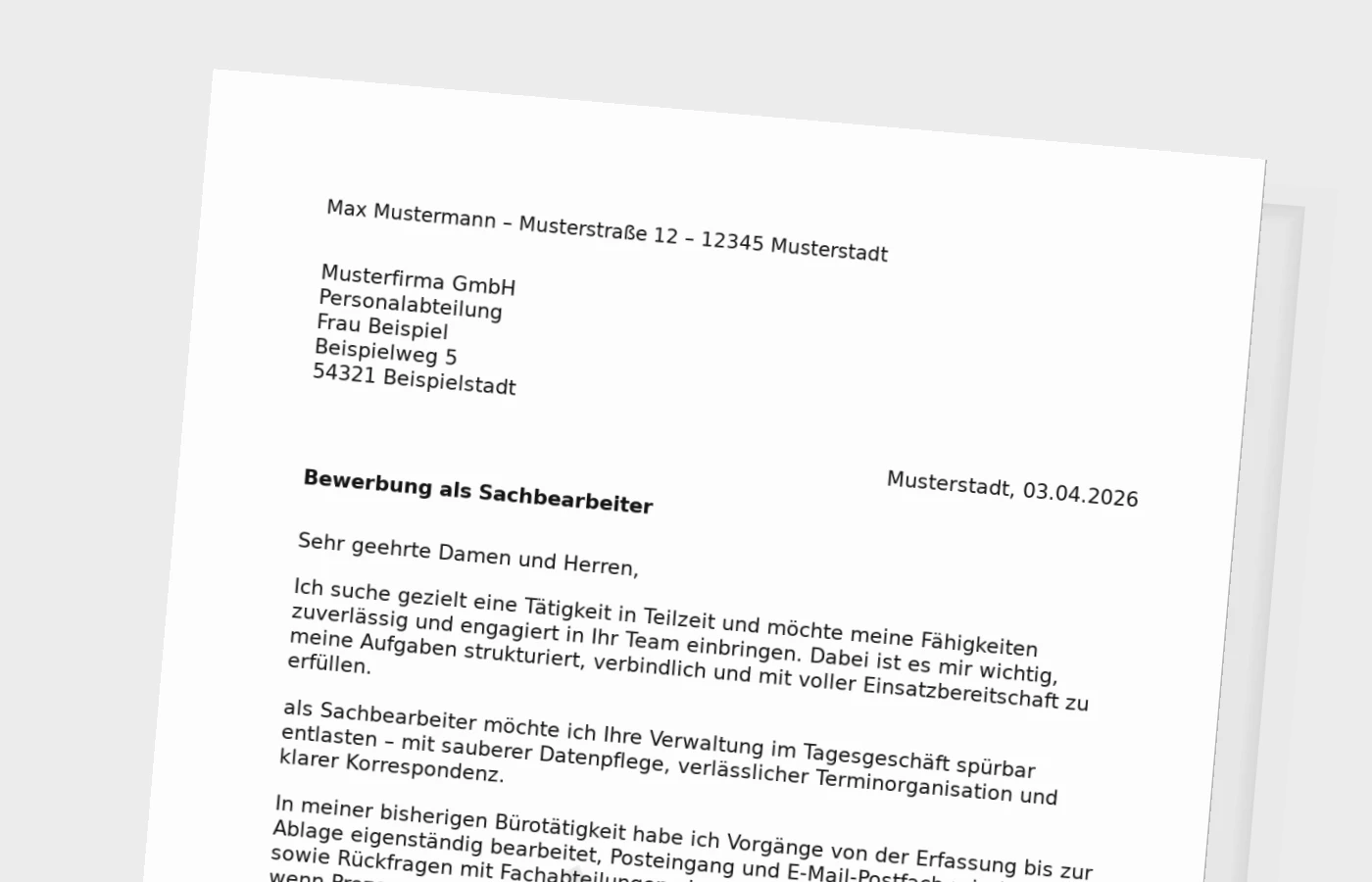Bewerbungsanschreiben Sachbearbeiter in Teilzeit