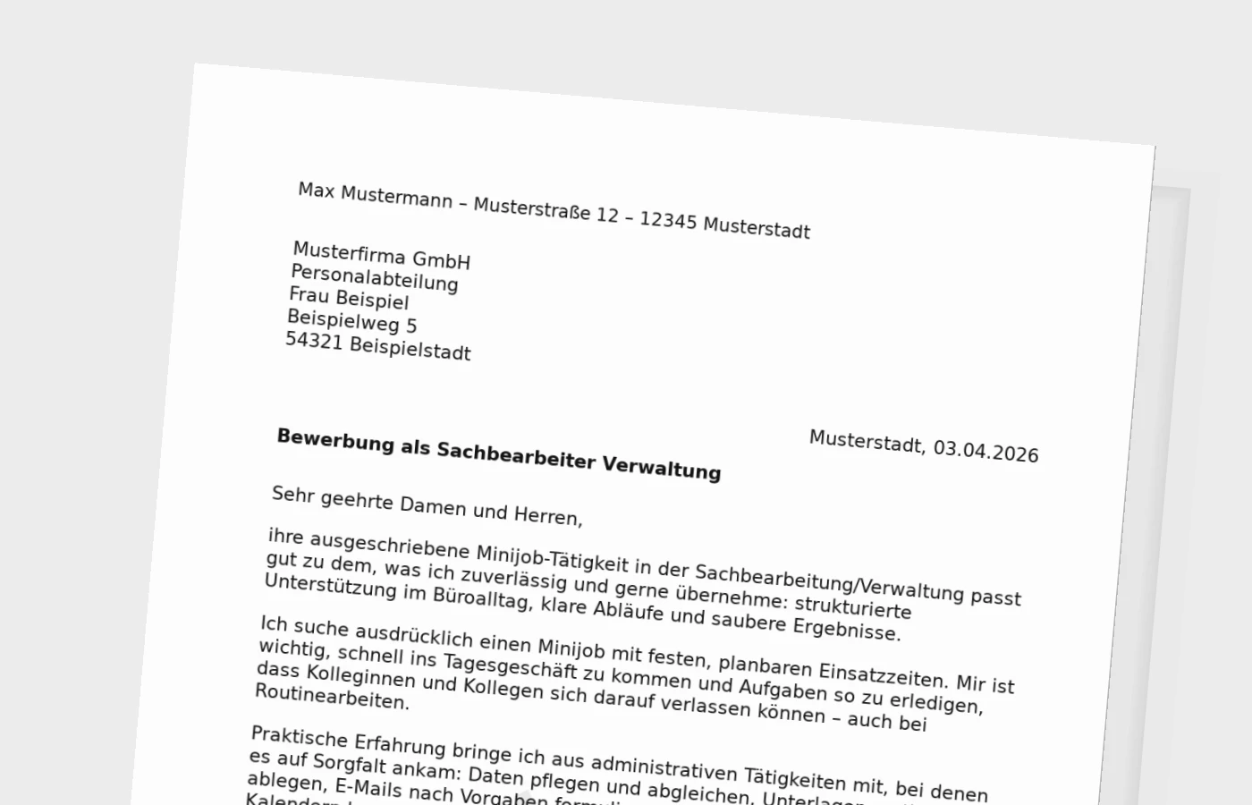 Vorschaubild zu Anschreiben als Sachbearbeiter in der Verwaltung (Minijob)