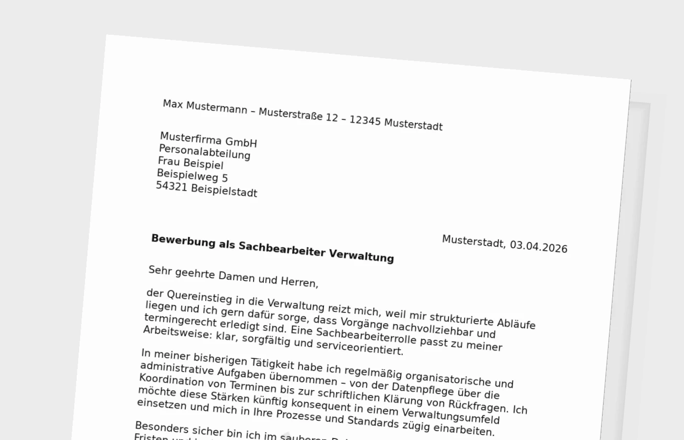 Vorschaubild zu Anschreiben als Sachbearbeiter in der Verwaltung (Quereinstieg)