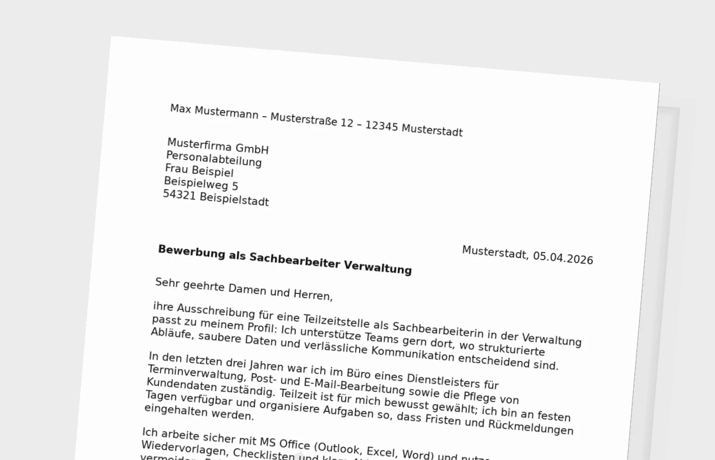 Anschreiben: Sachbearbeiter/in Verwaltung in Teilzeit