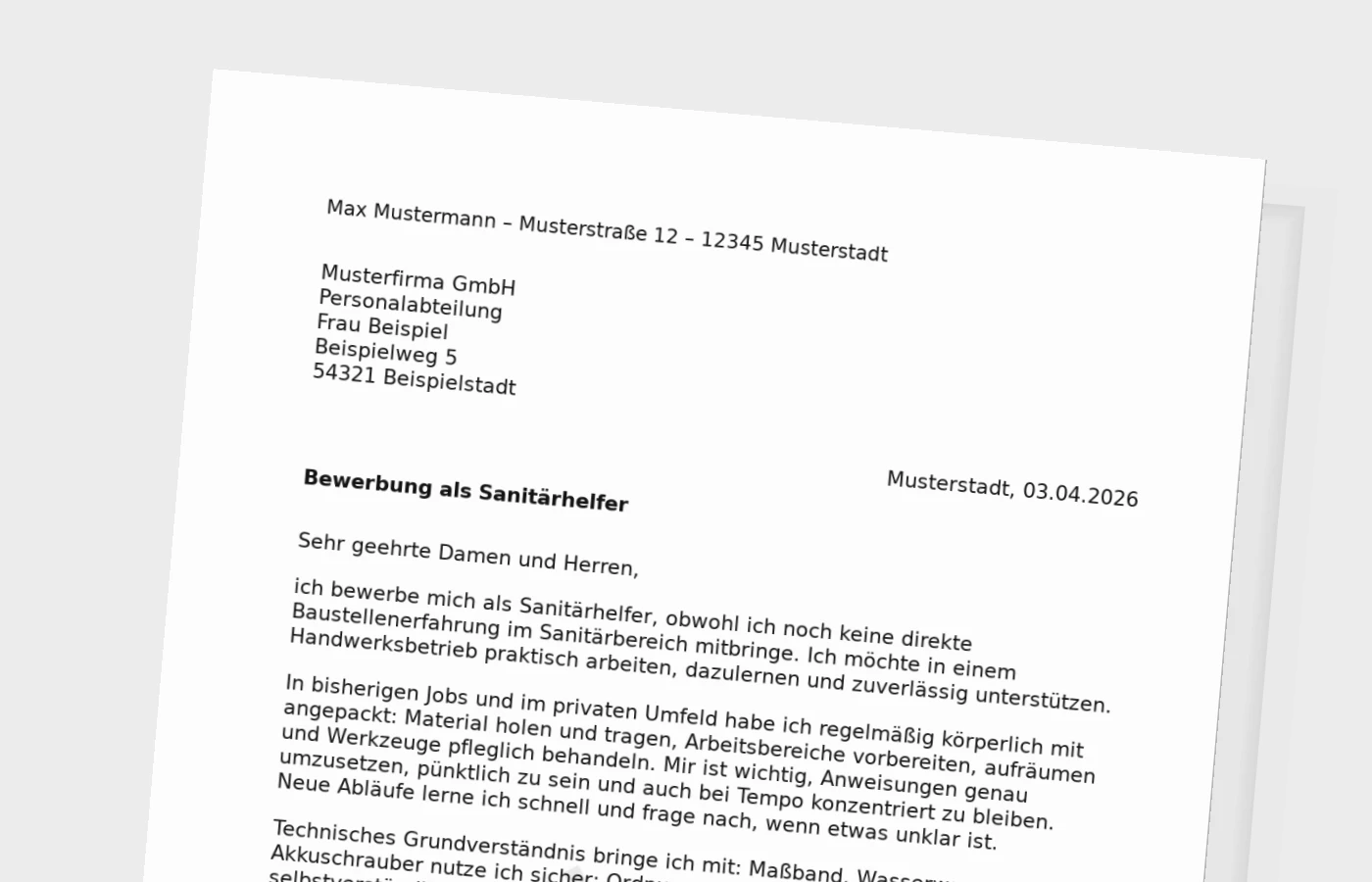 Sanitärhelfer: Anschreiben ohne Erfahrung