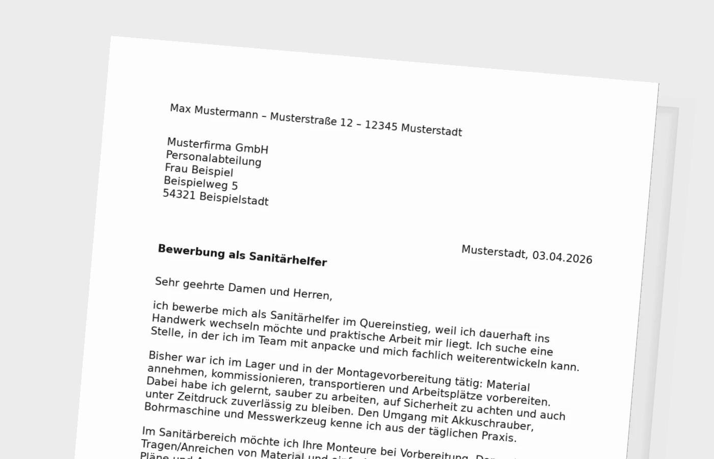 Anschreiben als Sanitärhelfer: Quereinstieg überzeugend formulieren