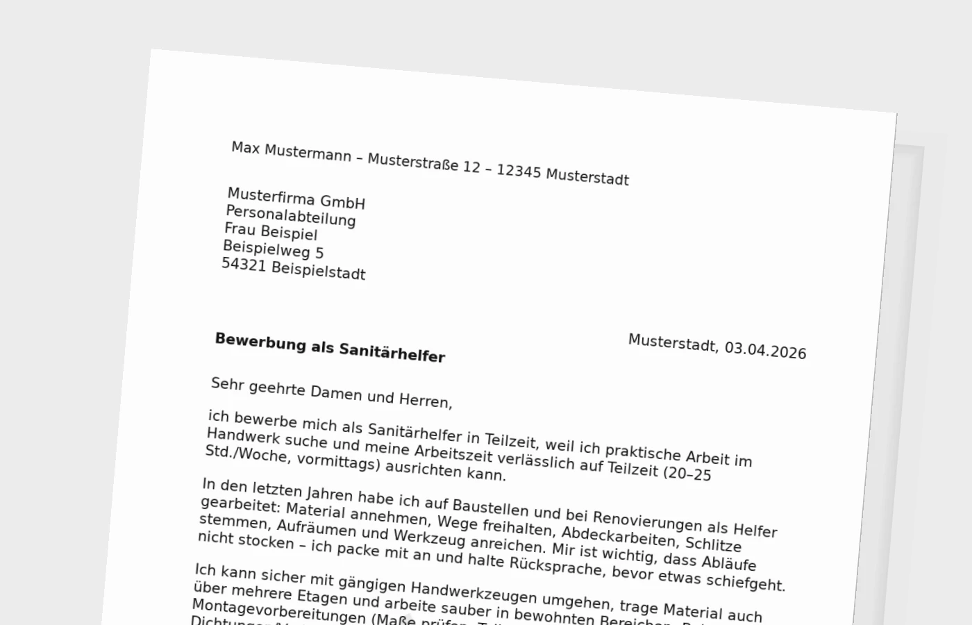 Bewerbungsanschreiben als Sanitärhelfer (Teilzeit)