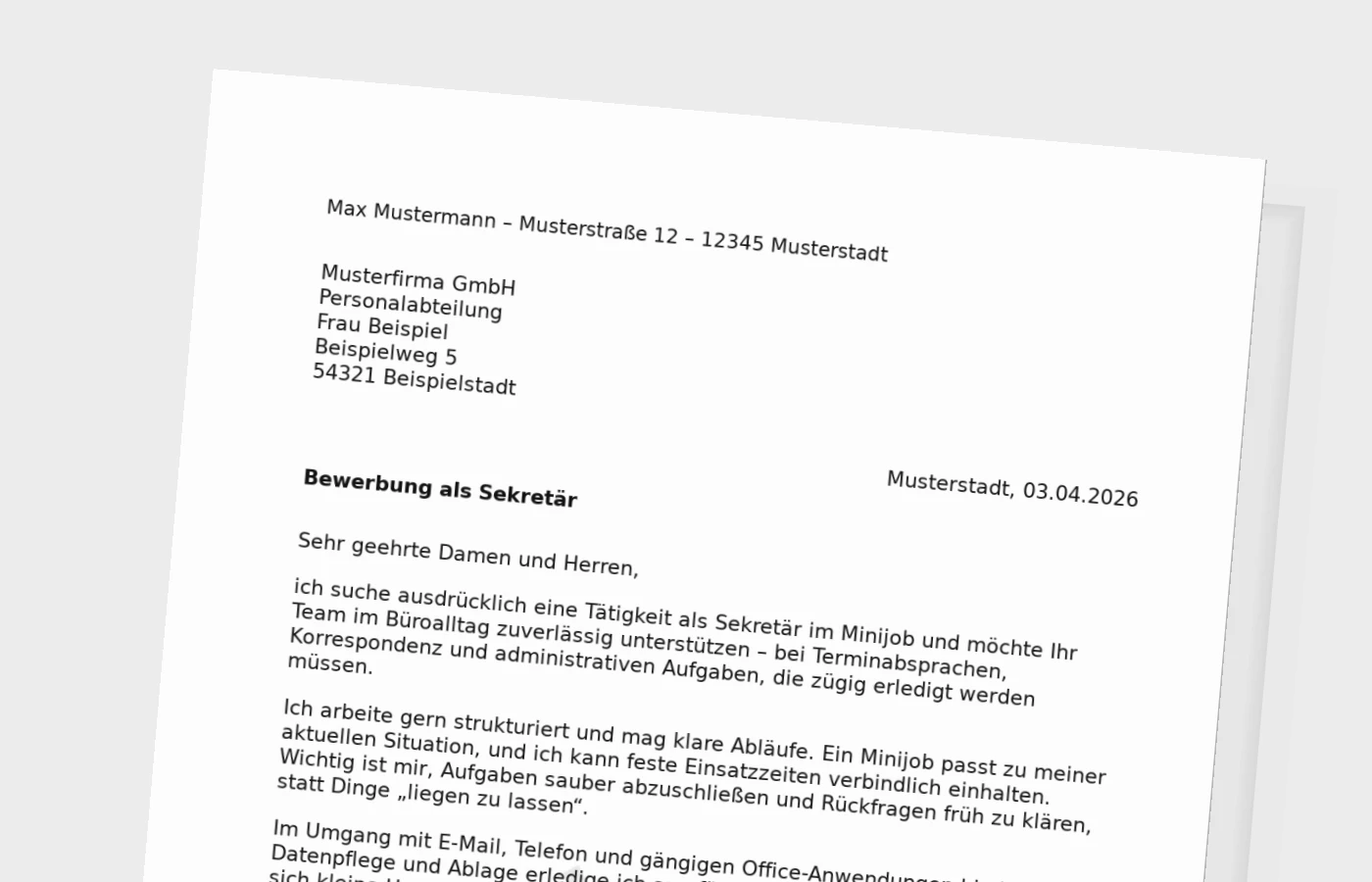 Vorschaubild zu Anschreiben für Sekretär im Minijob