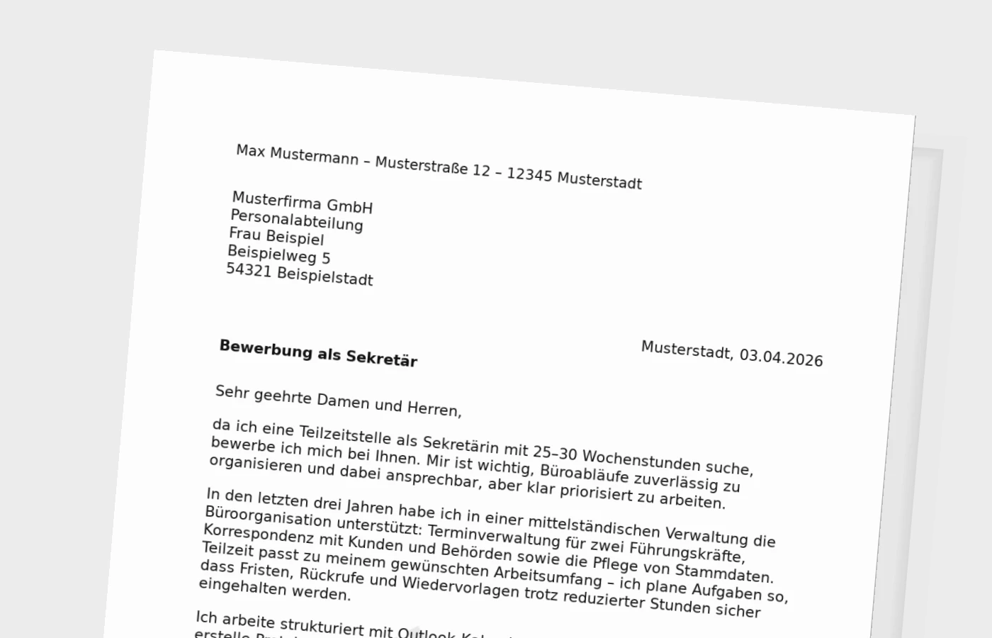 Bewerbungsanschreiben als Sekretär/in in Teilzeit