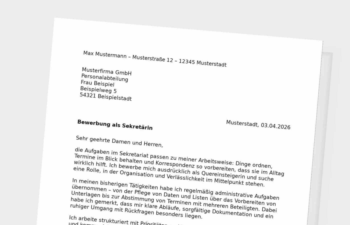 Vorschaubild zu Anschreiben als Sekretärin für Quereinsteigerinnen