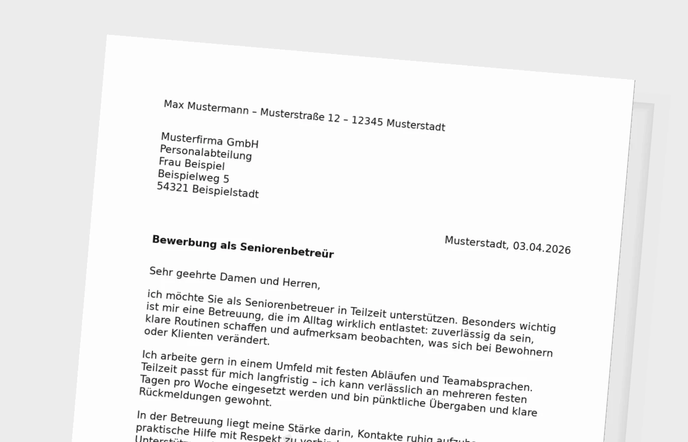 Vorschaubild zu Anschreiben als Seniorenbetreuer in Teilzeit