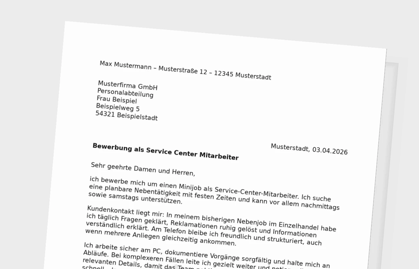 Anschreiben für Service-Center-Mitarbeiter im Minijob