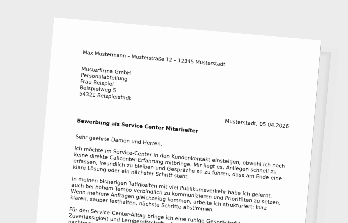 Anschreiben als Service-Center-Mitarbeiter ohne Erfahrung