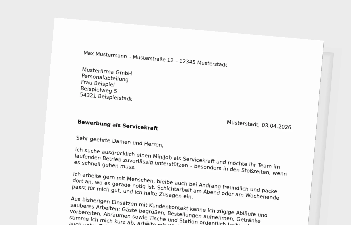 Vorschaubild zu Anschreiben als Servicekraft im Minijob