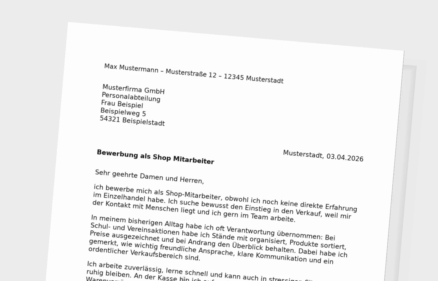 Bewerbungsanschreiben als Shop-Mitarbeiter ohne Erfahrung