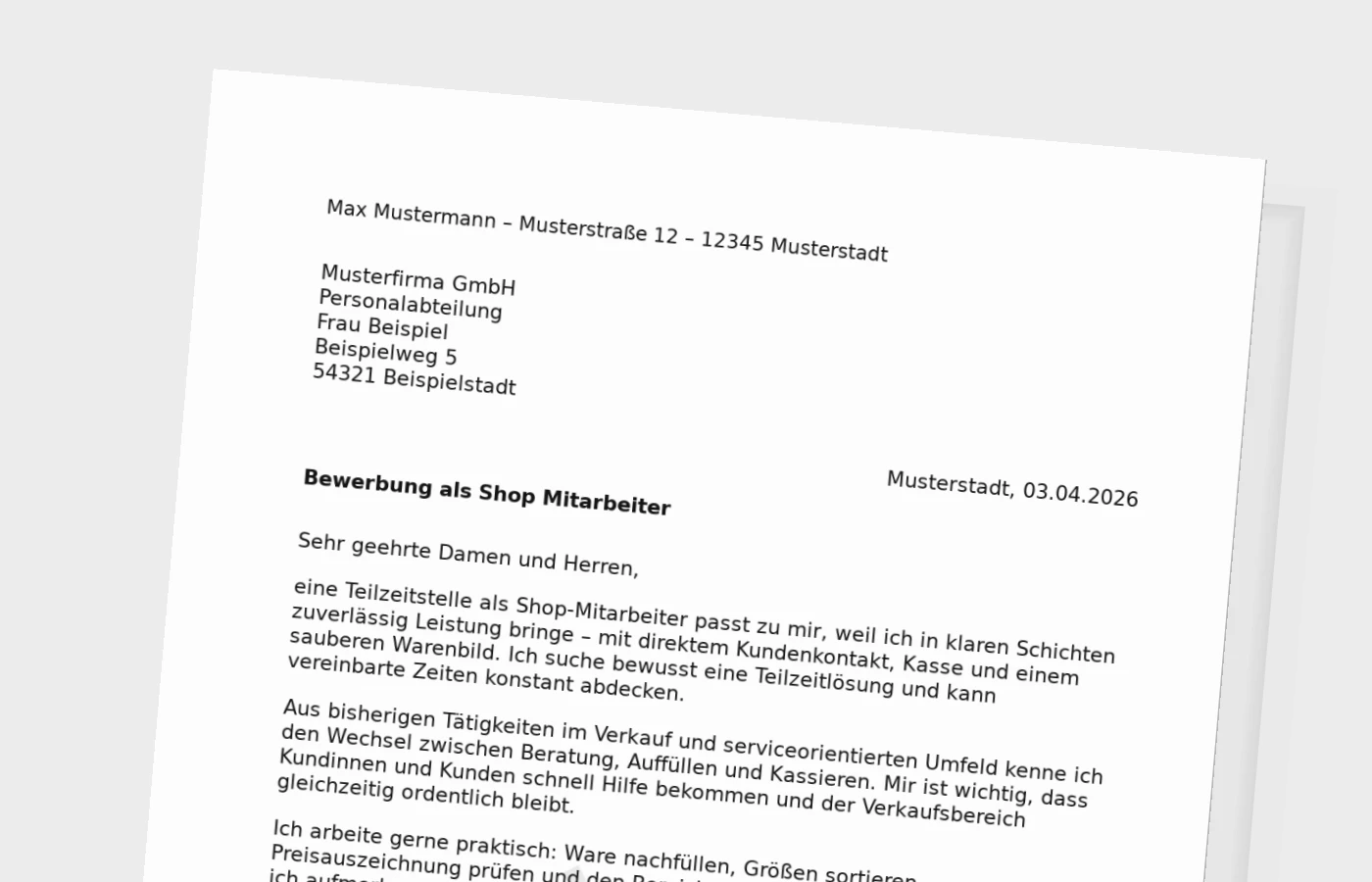 Vorschaubild zu Anschreiben als Shop-Mitarbeiter in Teilzeit
