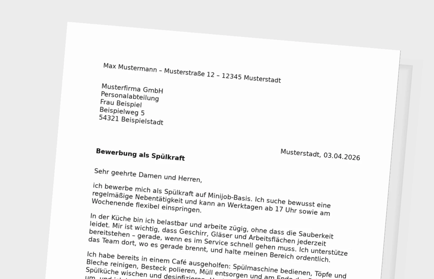 Bewerbungsanschreiben als Spülkraft im Minijob