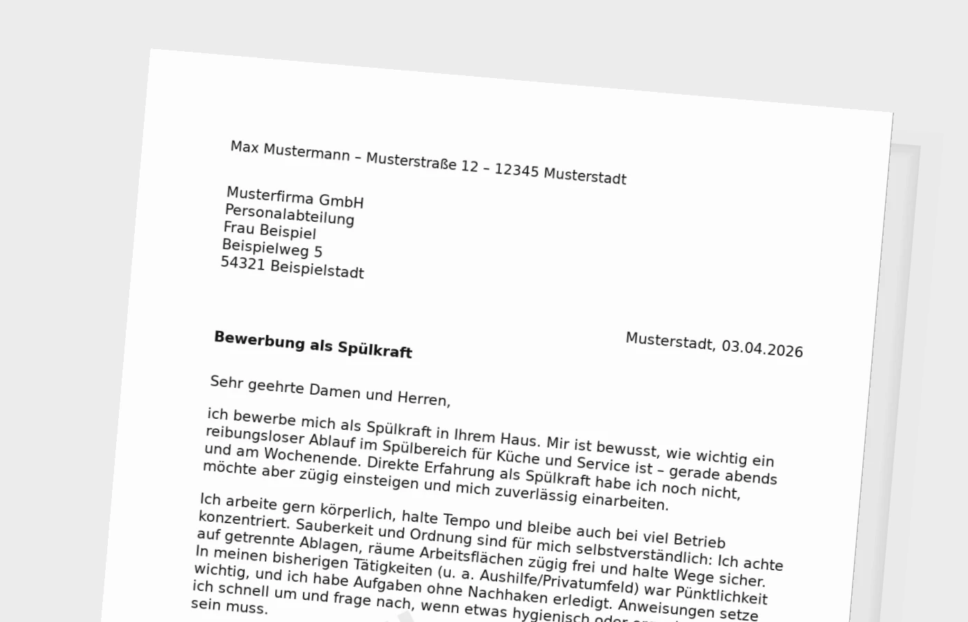 Bewerbungsanschreiben als Spülkraft (ohne Erfahrung)