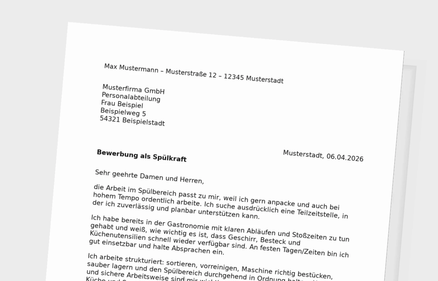 Anschreiben als Spülkraft in Teilzeit