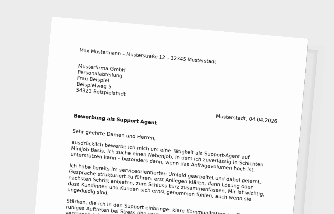Anschreiben als Support-Agent im Minijob