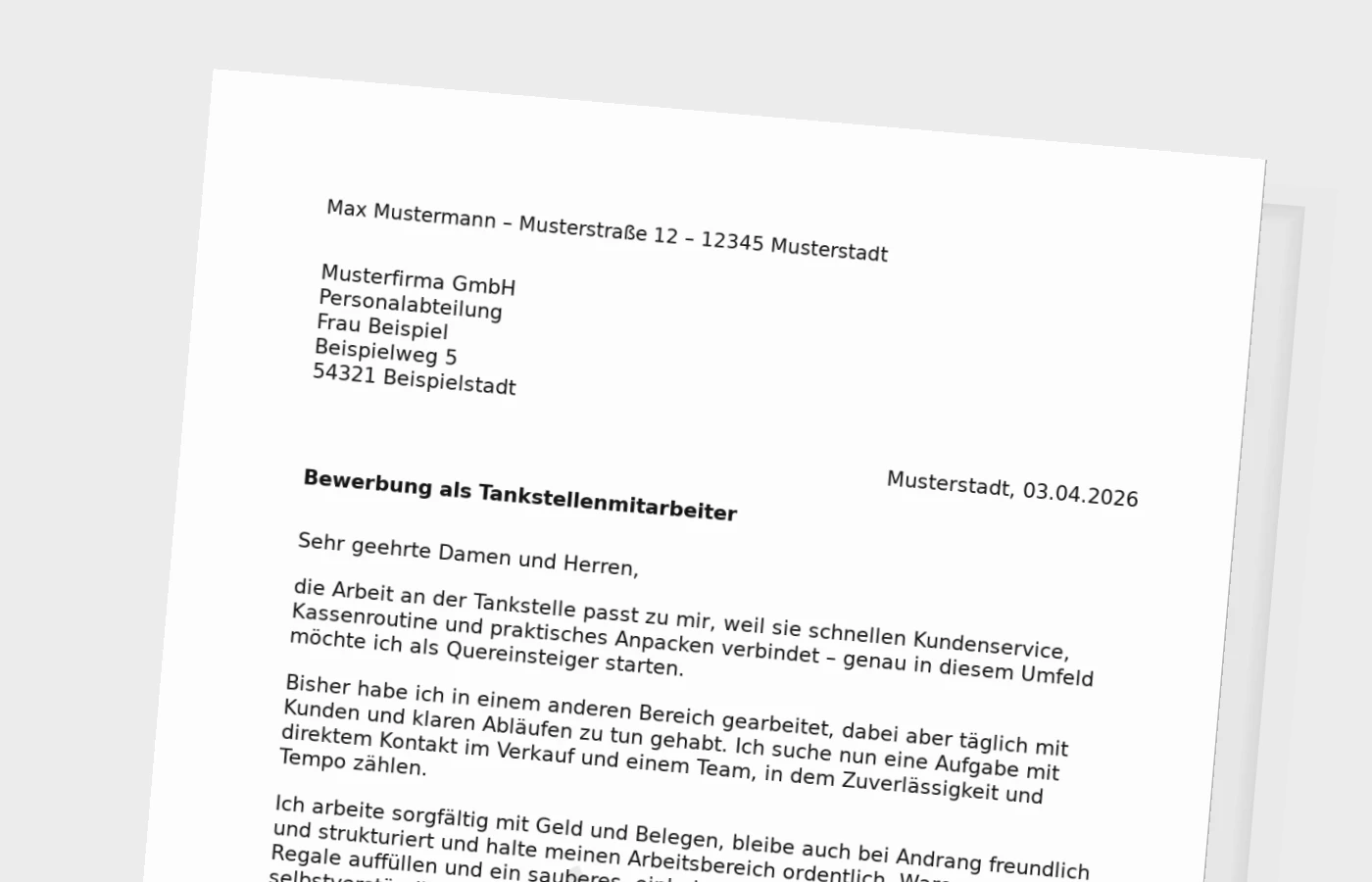 Anschreiben als Tankstellenmitarbeiter (Quereinsteiger)