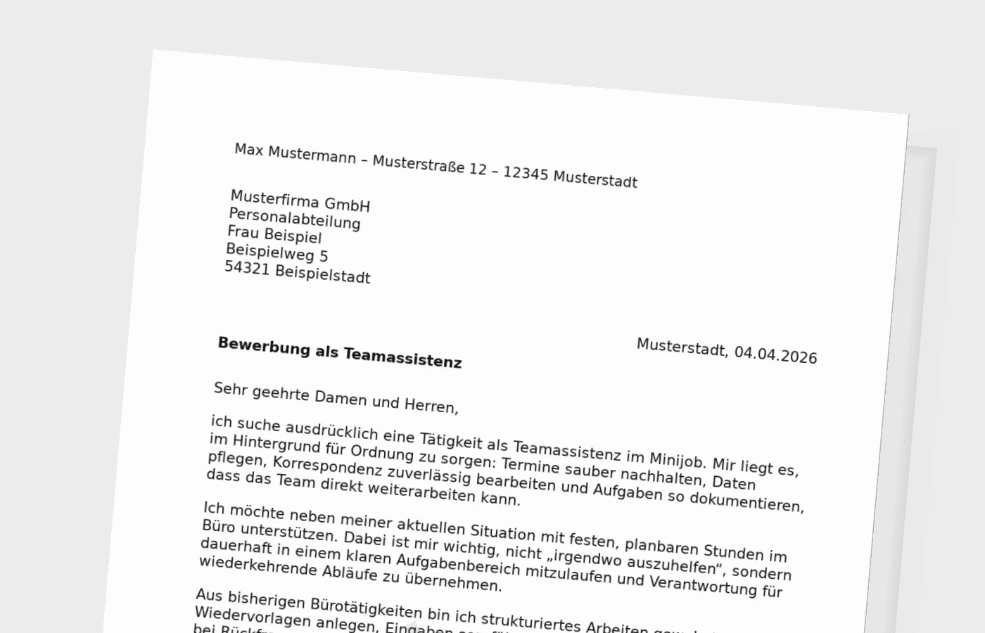 Anschreiben als Teamassistenz im Minijob