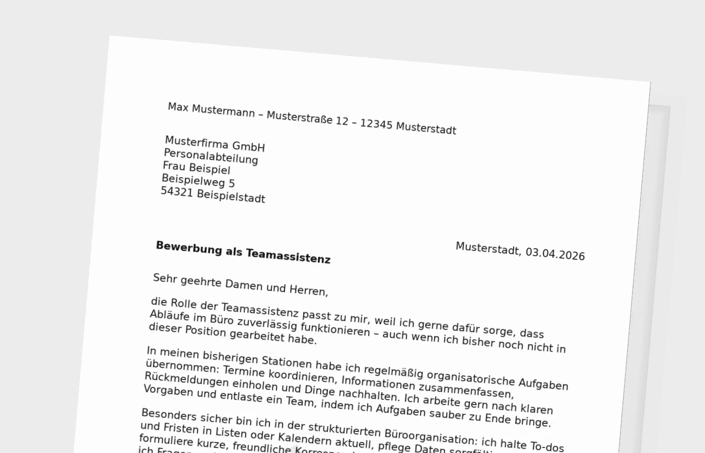 Vorschaubild zu Anschreiben Teamassistenz ohne Erfahrung