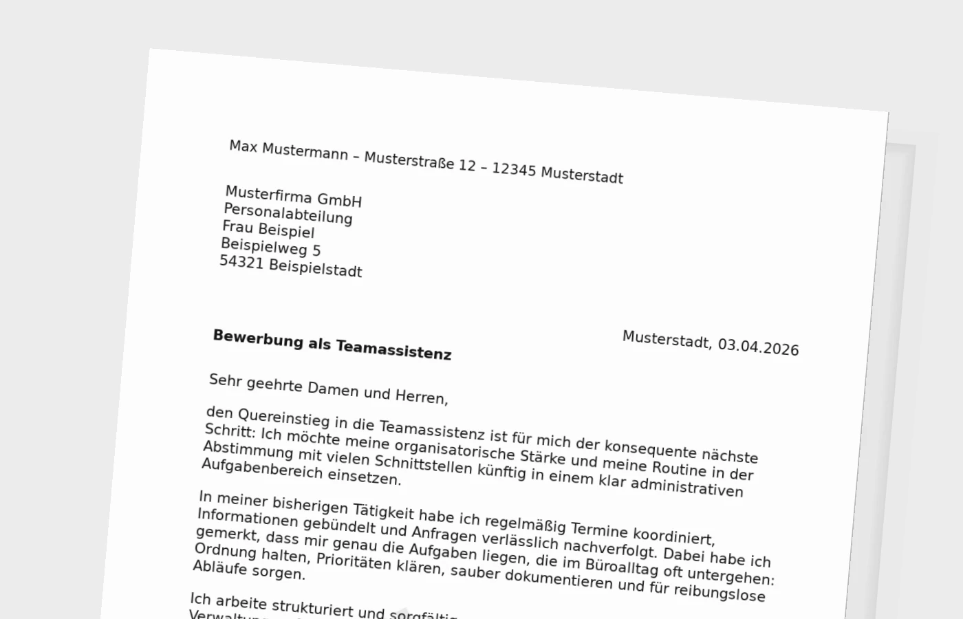 Vorschaubild zu Anschreiben Teamassistenz als Quereinsteiger