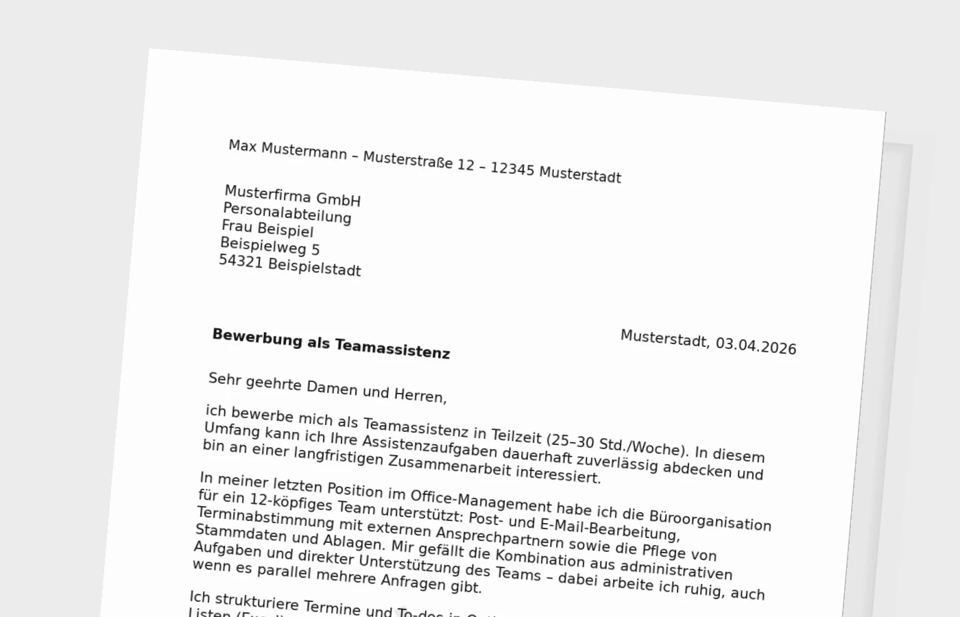 Vorschaubild zu Bewerbungsanschreiben für Teamassistenz in Teilzeit