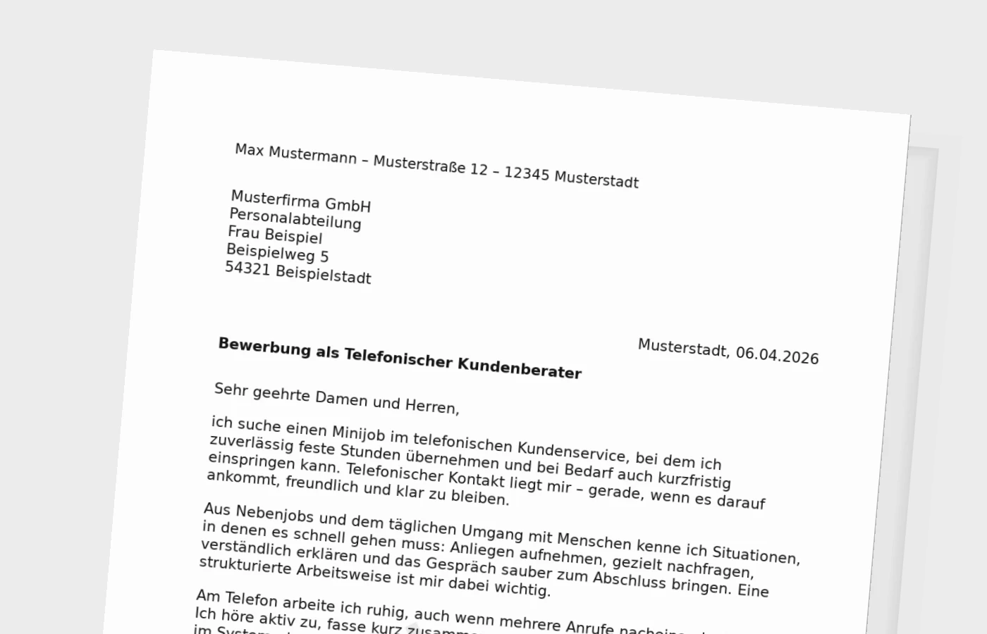 Anschreiben als Telefonischer Kundenberater im Minijob