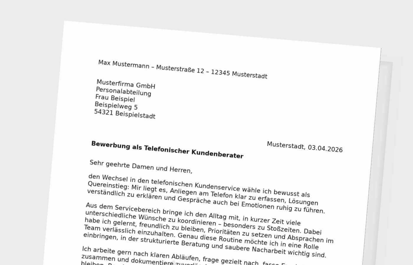 Anschreiben als telefonischer Kundenberater – Quereinstieg