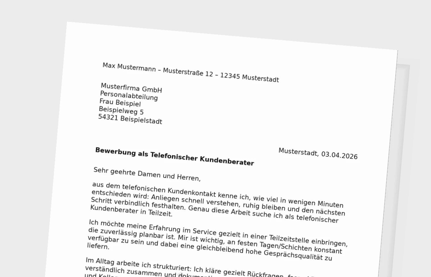 Anschreiben als telefonischer Kundenberater (Teilzeit)