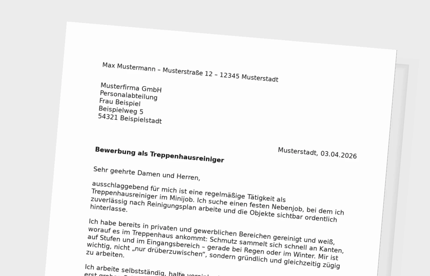 Vorschaubild zu Anschreiben für Treppenhausreiniger im Minijob