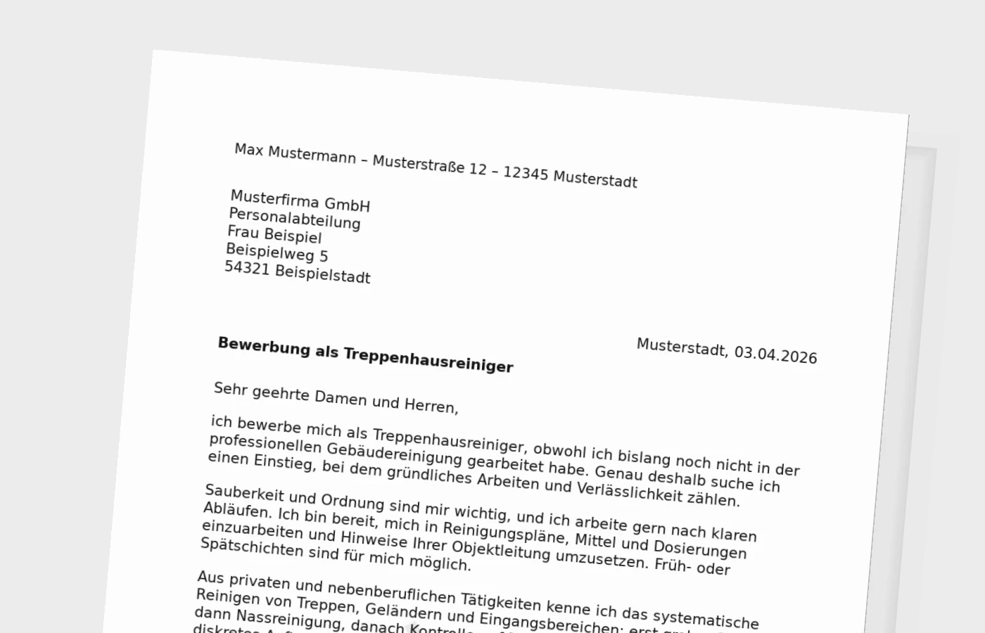 Bewerbungsanschreiben als Treppenhausreiniger ohne Erfahrung