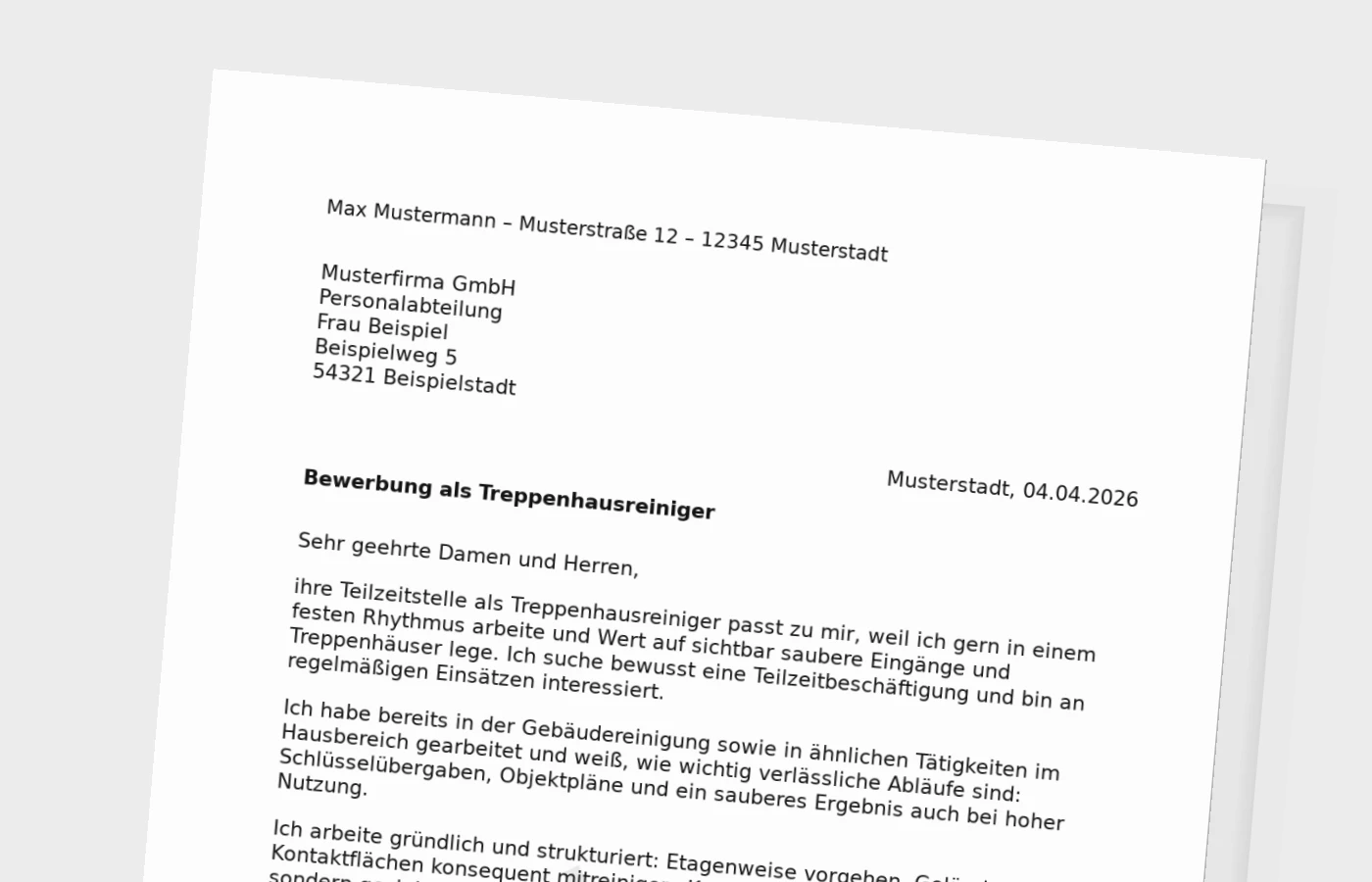 Anschreiben als Treppenhausreiniger (Teilzeit): so wirkt es glaubwürdig