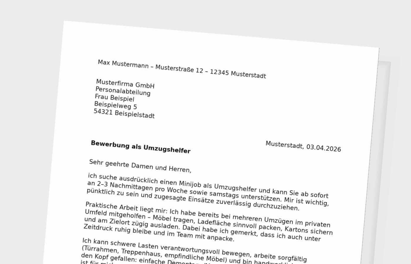 Bewerbungsanschreiben als Umzugshelfer (Minijob): verständlich, kurz und überzeugend