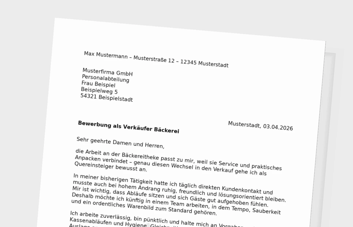 Vorschaubild zu Anschreiben als Verkäufer in der Bäckerei (Quereinsteiger)