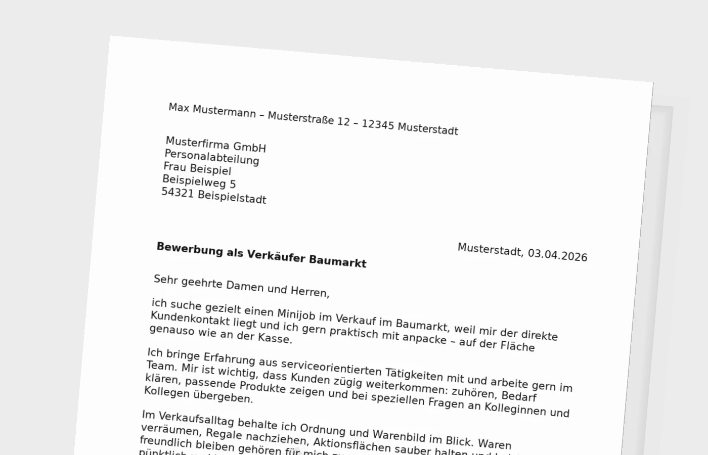 Vorschaubild zu Anschreiben als Verkäufer im Baumarkt (Minijob)